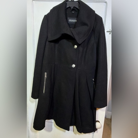 Guess Jackets & Blazers - Guess Black Pea coat fit and flare with Silver buttons and zippers size large.